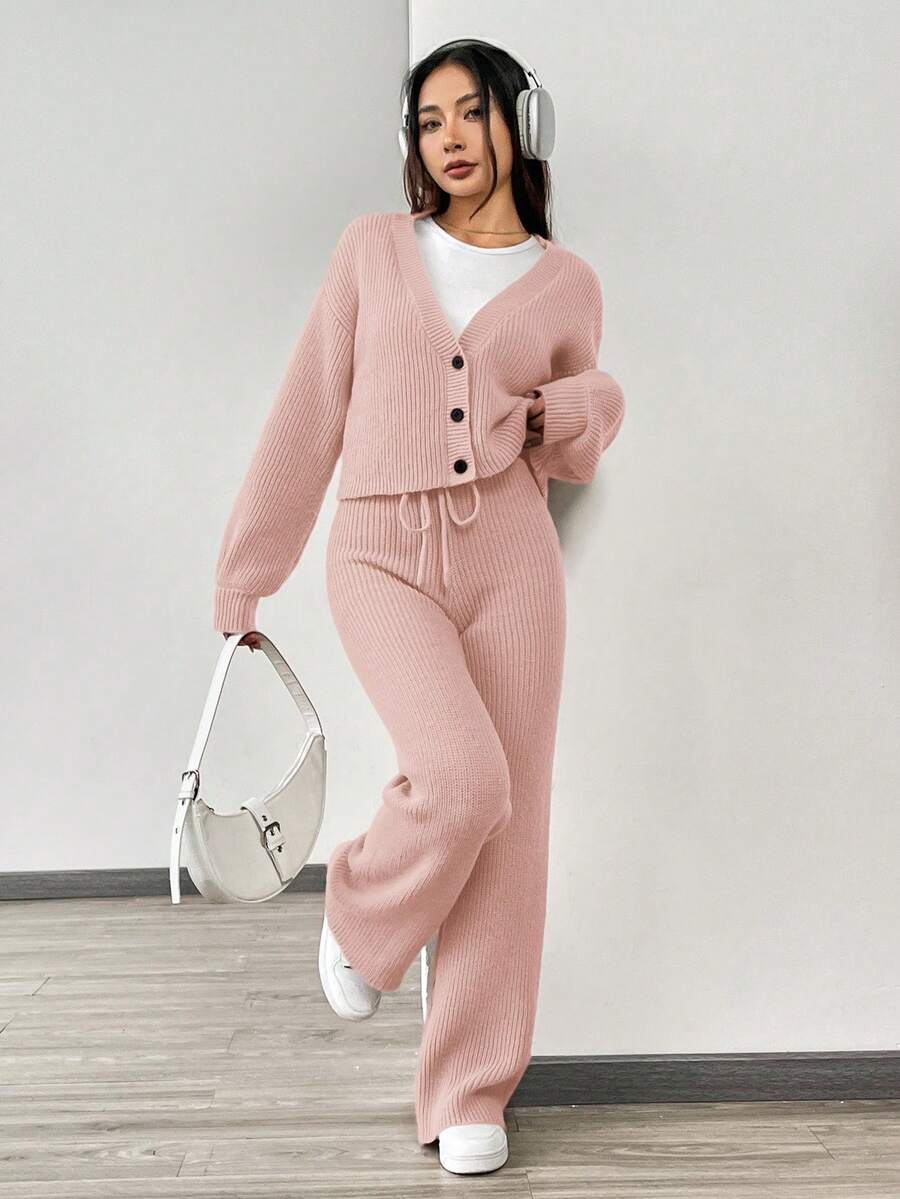 SHEIN EZwear 秋冬女装休闲纯色长袖针织开衫两件套,秋季针织两件套2件套休闲套装女 - 藕粉色 - 查看 1