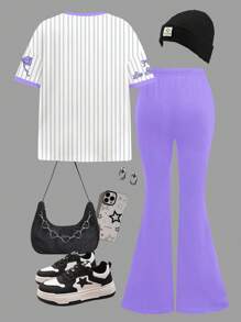 SHEIN Leap Crew 2 件套青少年女孩休闲宽松蝴蝶结条纹字母印花短款上衣和喇叭裤套装，适合夏季 - 白色 - 查看 2