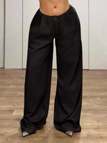 SHEIN ICON Ultra Low Rise Vintage Loose Wide Leg Extra Long Pants Work Pants - Black - View 6