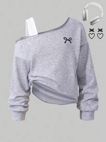 青少年女孩蝴蝶结印花不对称露肩不对称下摆休闲运动衫 - 灰色 - 查看 1