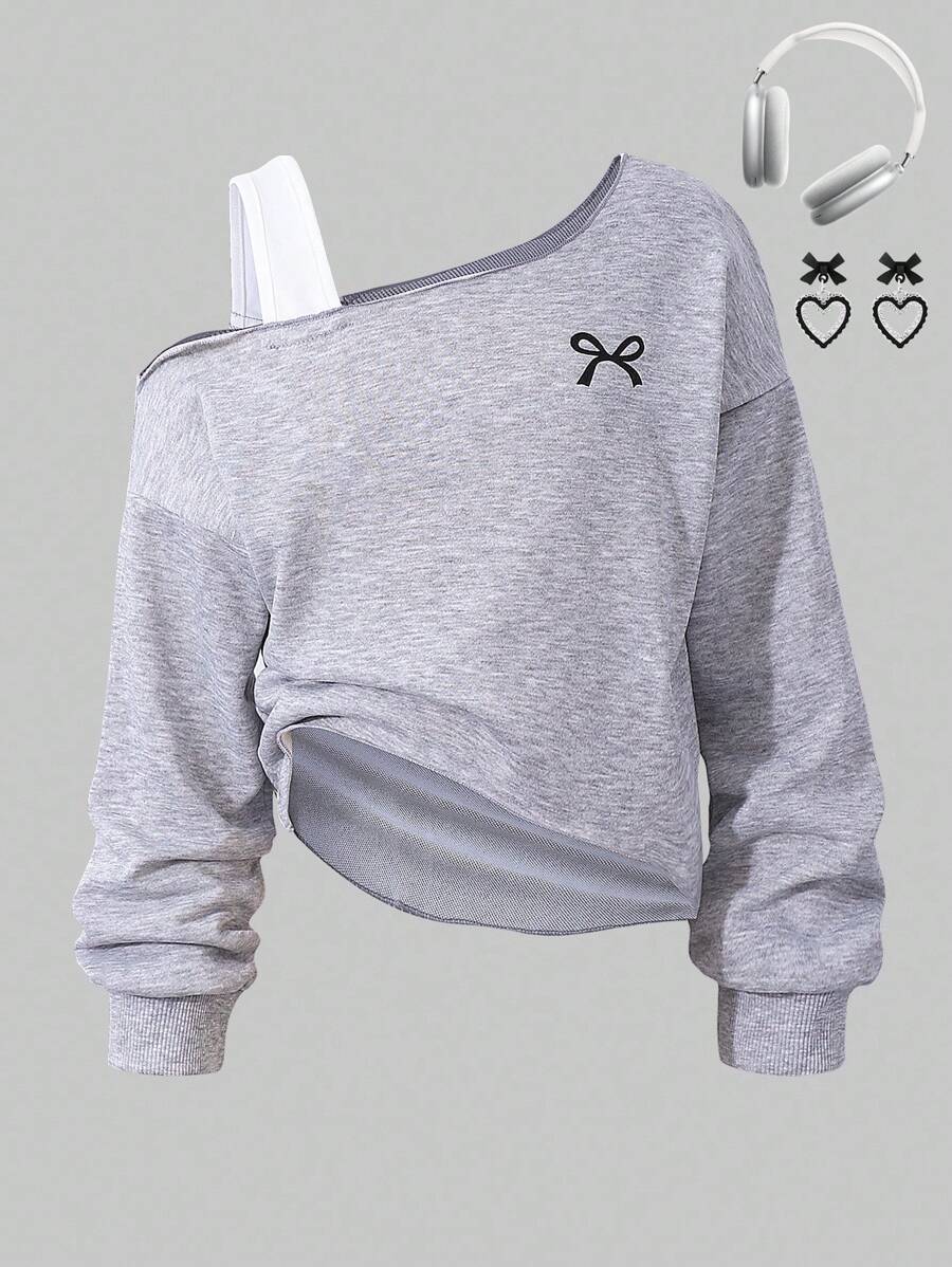 青少年女孩蝴蝶结印花不对称露肩不对称下摆休闲运动衫 - 灰色 - 查看 1