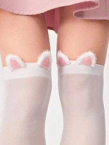 ROMWE Kawaii 1双纯白色过膝袜+1双可爱猫耳发夹，猫耳性感白色纯色女学生及膝袜，高品质猫耳发夹，超薄弹力透视紧身裤 - 彩色 - 查看 2
