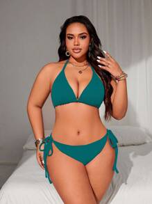 Swim Lushoire Plus Size Women Beach Vacation Bikini Set - Teal Blue - View 4