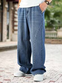 Manfinity Roghcode Quần jeans denim ống rộng rách gối màu xanh nhạt thiết kế vá lỗi cho nam, thường ngày, phù hợp mặc đi chơi - Màu xanh lam - Xem 3