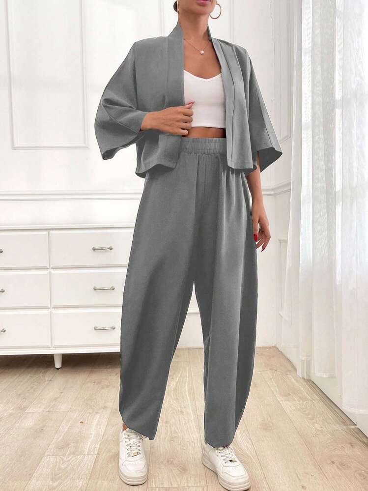 EURMUSE Women's Loose Casual Short Cardigan And Pants Cozy Two Piece Set - Grey - View 5