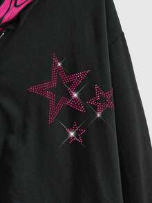 ROMWE J-Fashion Zebra Print Patchwork Black Rhinestone Decor Loose Fit Star Graphic Oversized Sweatshirt - Black - View 3