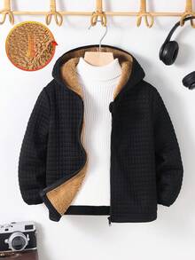 SHEIN 1. 男童休闲保暖连帽拉链外套，卫衣，夹克，冬季外套，棕色，黑色，节日，返校服装，男童服装，可爱上衣，基础款上衣，适合上学、度假、旅行、运动，适合秋冬季节 - 黑色 - 查看 4
