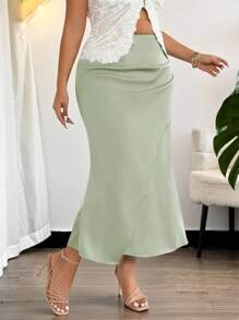Firerie Plus Size Women Green Satin Mermaid Skirt, Romantic Fitted Back To School Fall
