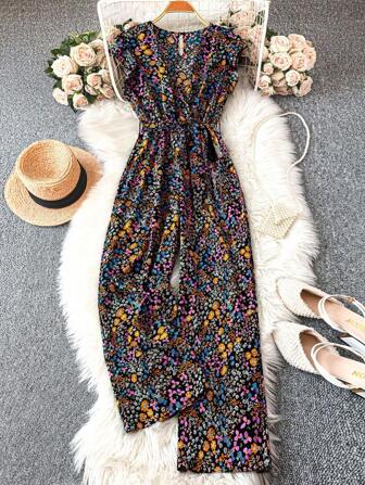 Breezaya Damjumpsuit med vida ben och åtsittande midja, snygg blommönster, lämplig för både semester och vardagspendling