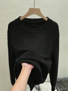 Linhara Suéter de cuello redondo de manga larga y talla grande de unicolor y casual de felpa para mujer - Negro - Ver 5