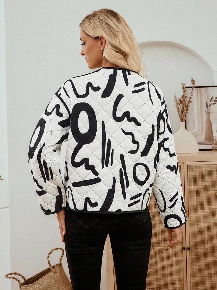 女性用ファッショナブルで多用途なプリントジャケット、冬用キルティングジャケット アートプリントジャケット グラフィックプリントジャケット 女性用ジャケット
