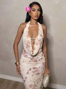 Glamine 女士优雅花卉印花露背连衣裙，夏季 - 杏色 - 查看 5