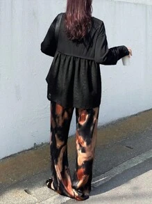 FRIFUL 女士黑色圆领插肩袖撞色蕾丝宽松休闲长袖T恤，适合外出，秋季 - 黑色 - 查看 2