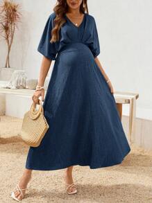 SHEIN Maternity Solid Color V-Neck Batwing Short Sleeve Pleated Dress - Navy Blue - View 1