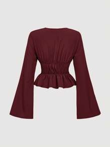 SHEIN MOD 勃艮第女式系带喇叭袖衬衫，镂空服装，女式，魔鬼服装，复古，海盗上衣，嬉皮士服装，外出上衣 - 酒紅色 - 查看 2