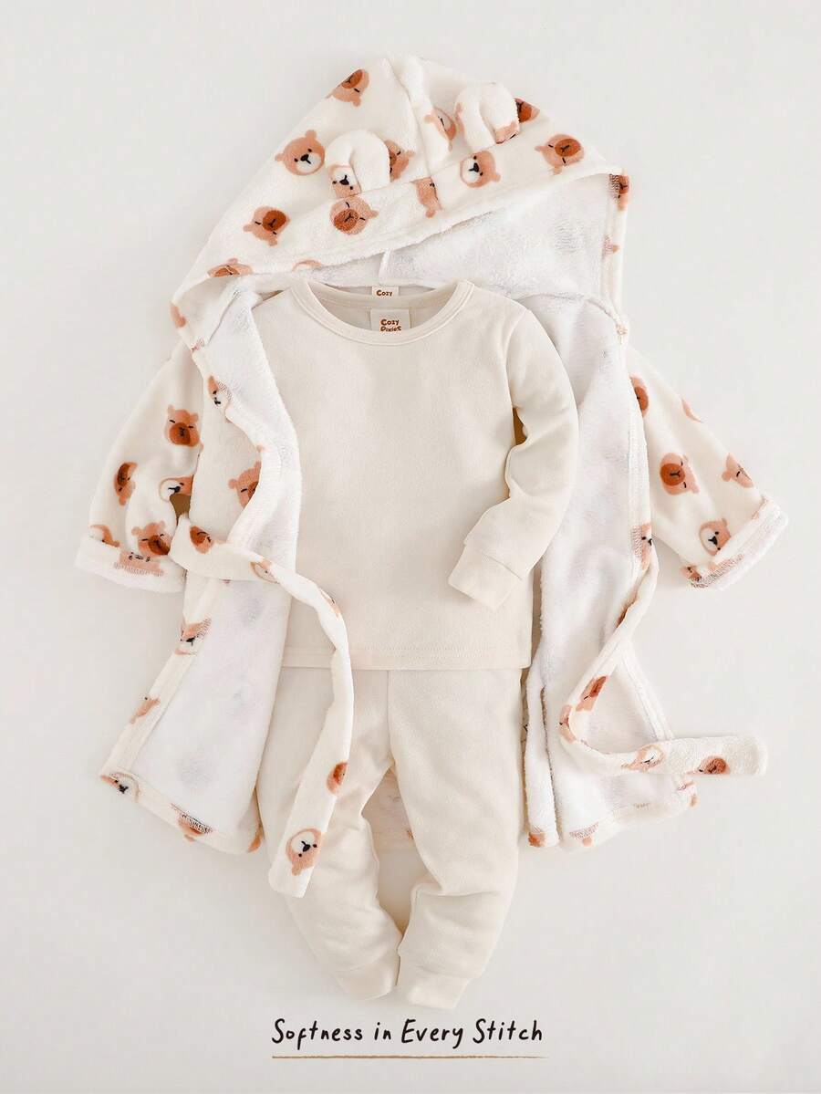 Cozy Pixies Áo choàng lông cừu dày có mũ trùm đầu họa tiết gấu hoạt hình 3D cho bé trai kèm dây rút - Nhiều màu - Xem 1