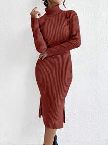 EURMUSE Vestido de punto ajustado de cuello alto de unicolor de otoño/invierno - Marrón - Ver 6
