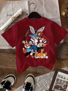 SHEIN Leap Crew Kleine Mädchen Lässig Muster Kurzarm T-Shirt, geeignet für den Sommer - Bordeaux - Übersicht 1