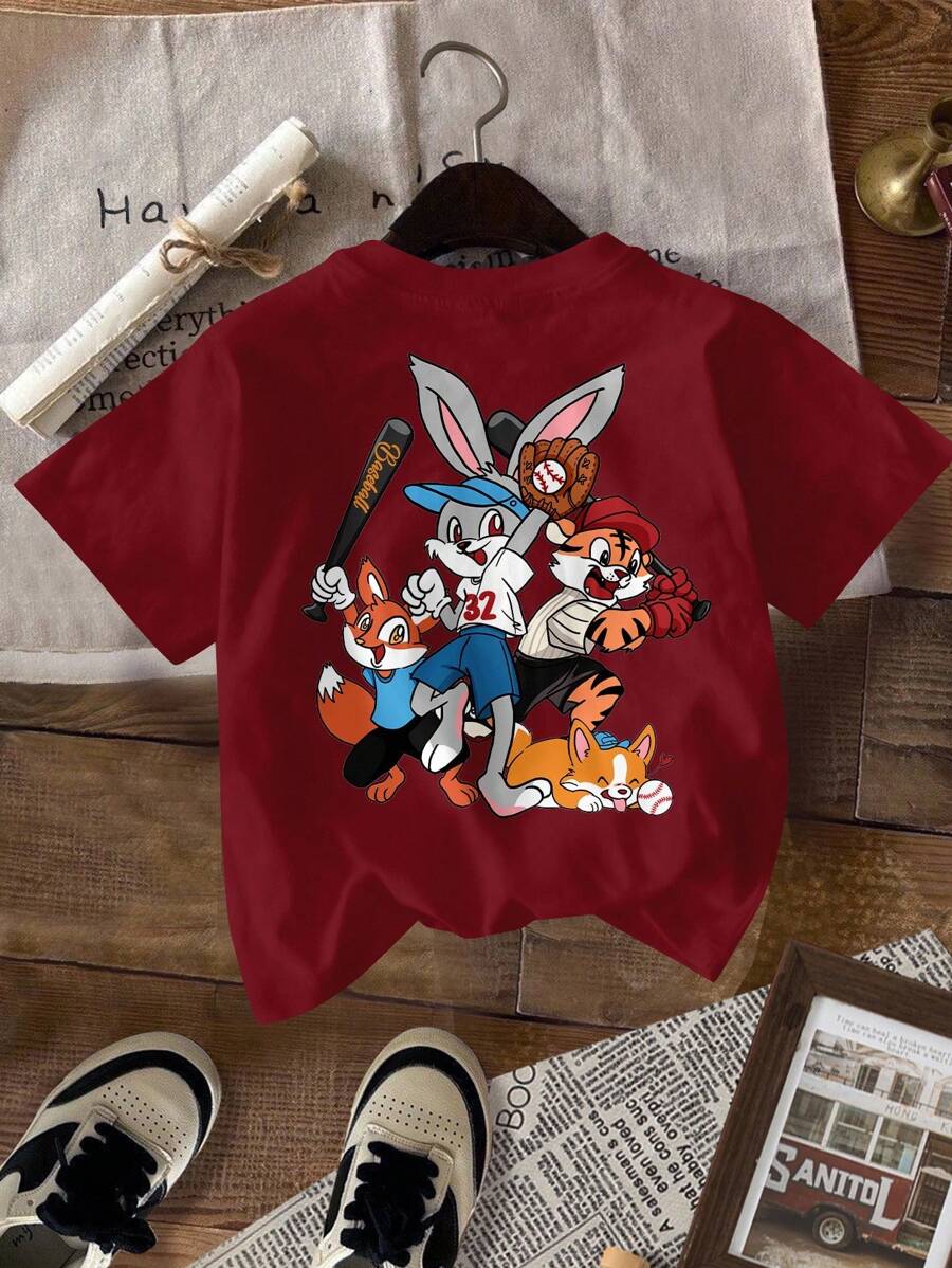 SHEIN Leap Crew Kleine Mädchen Lässig Muster Kurzarm T-Shirt, geeignet für den Sommer - Bordeaux - Übersicht 1