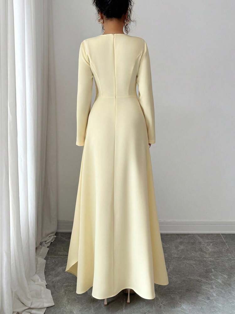 Elenzga فستان ماكسي أنيق للنساء بأكمام طويلة وياقة مستديرة وخصر منتفخ وطيات، لارتداء في المناسبات الرسمية والعمل والعطلات والحفلات والأسلوب الكلاسيكي، باللون الأصفر الفاتح - Butter Yellow - مشاهدة 3
