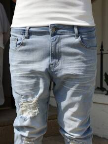 Manfinity Roghcode Plus Size Men's Light Blue Distressed Patch Denim Jeans, Fashionable Slim Fit Casual Pants Men Ripped Denim Jeans Streetwear Jeans