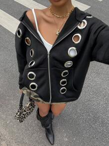 Muchica 2025 New Arrive Fall Women Fashion Avant-Garde Grommet Design Black Hooded Sweatshirt, Cropped Jackets For Going Out Outfits, Back To School,  Streetwear, Grunge And Punk Chic, Y2K Clothes, Edgy Clothes Woman And Unique Clothes