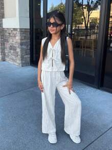 Bộ đồ hai mảnh Nova Glow Tween Girls Loose Casual Striped Vest And Wide Leg Pants - trắng - Xem 4