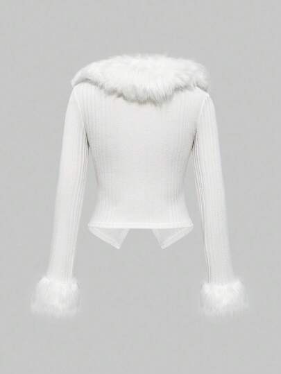 EDITION Y2K Romantic Punk Fur Collar Eyelet Design Fitted Cardigan For Women
