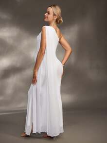 SHEIN 孕妇拍照连衣裙/优雅派对连衣裙/迎婴派对连衣裙，单肩飘逸腰部褶饰下摆侧开衩美人鱼长裙 - 白色 - 查看 2