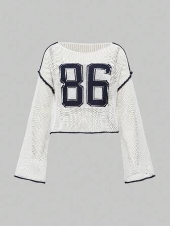 Street Life Vintage Hollow-Out Jacquard Numeric Jersey Knit Sweater For Women, Versatile American Street Style