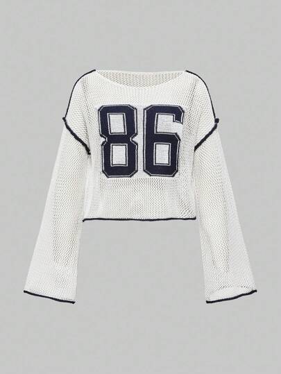 Street Life Pull en tricot jacquard numérique ajouré vintage pour femmes, style de rue américain polyvalent