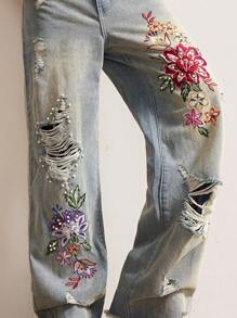 Bohemela BOHO Countryside Vacation Style Casual Woven Embroidered Beaded Loose Women Jeans - Blue - View 4