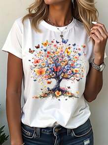 EMERY ROSE Áo thun tay ngắn cổ tròn họa tiết hoa, cây và bướm đơn giản, giản dị dành cho nữ - trắng - Xem 7