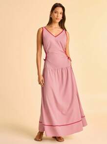 CAJUNI Contrast Color V-Neck Hollow Out Casual Summer Sleeveless Dress - Dusty Pink - View 4