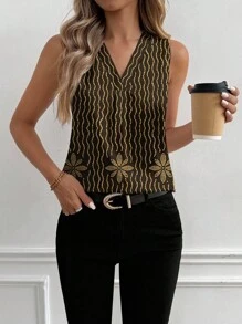 Glamance BiGraphic Women's Contrast Color Print V-Neck Sleeveless Blouse - Black and Gold - View 5