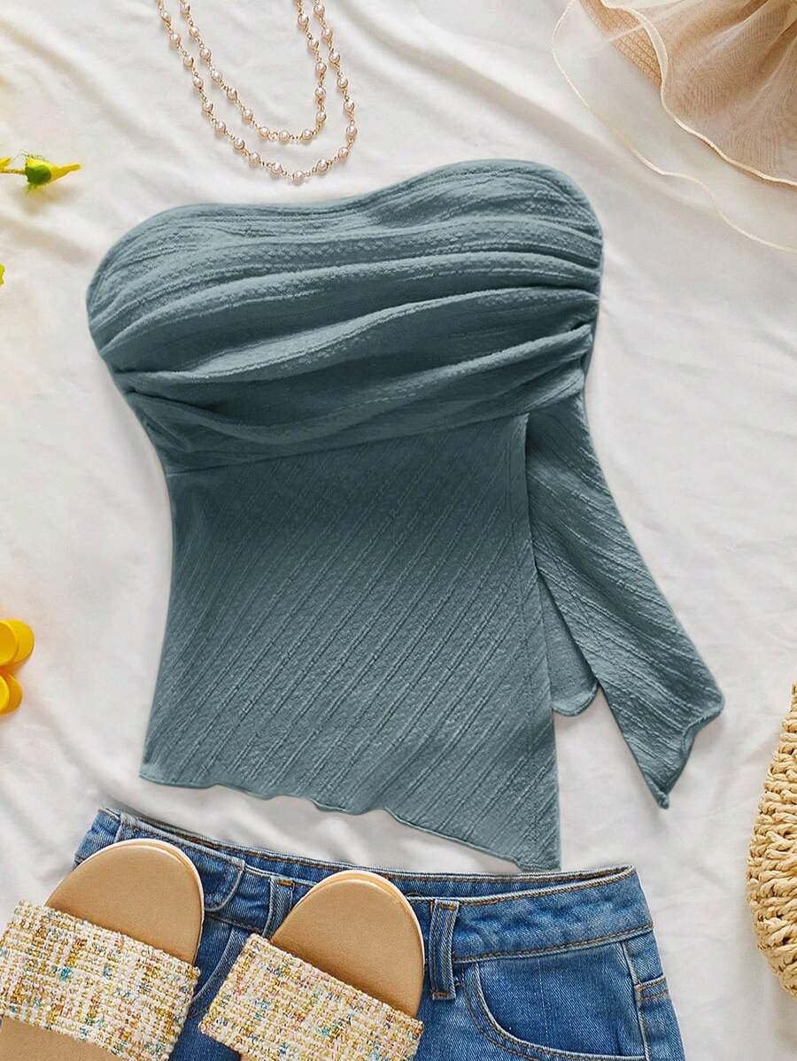 Firerie 女士优雅浪漫时尚通勤性感优雅风格黄色褶皱抹胸，适合派对、海滩度假、返校、浪漫约会、婚礼季、生日、复活节、春夏 - 霧霾藍 - 查看 1