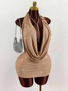 Amplova Sexy Kleid mit tiefem Ausschnitt und rückenfreiem Trägerkragen für Damen in Große Größen - Gold - Übersicht 4