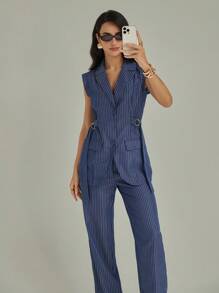 Modelyn 女士优雅竹节腰带两件套，时尚设计，适合春、夏、秋季 - 藍色 - 查看 4