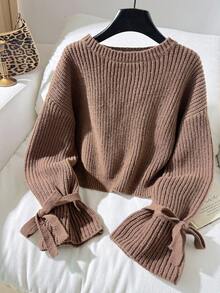 SHEIN 少女秋冬棕色咖啡色针织罗纹袖口蝴蝶结宽松套头毛衣，适合秋冬休闲日常穿着，可与妈妈搭配，时尚秋季，母女棕色针织毛衣，袖口系带 - 鏽棕色 - 查看 5