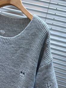 Manfinity Homme Men's Solid Color Distressed Crew Neck Casual Short Sleeve Knit Top, Summer - Light Grey - View 3