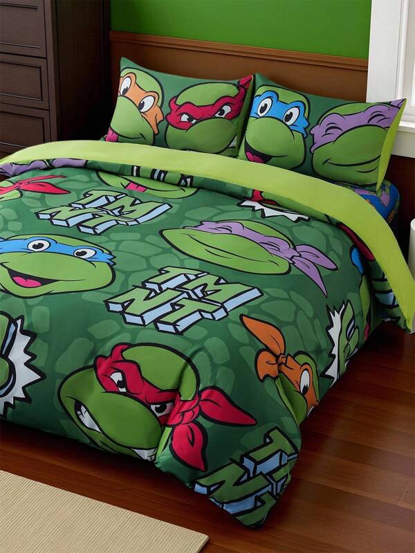 TEENAGE MUTANT NINJA TURTLES X SHEIN Conjunto de 3 piezas de ropa de cama con diseño de dibujos animados, suave y transpirable, cálido, funda de edredón verde, adecuado para cama individual/doble/queen/king para niños