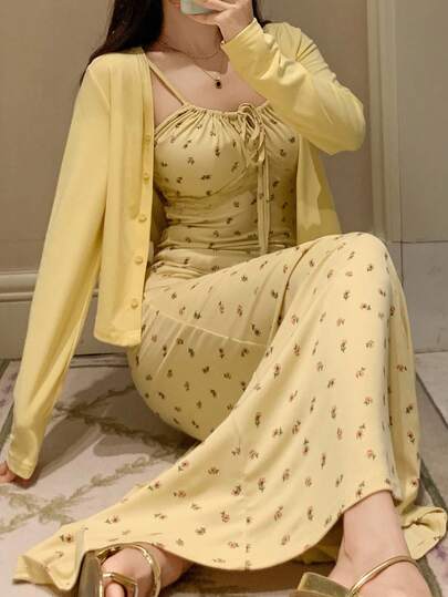 DAZY Set Piyama Wanita Atasan Crop Warna Polos & Gaun Tidur Camisole Panjang Pas Badan Motif Bunga Kecil, Pakaian Musim Gugur dan Musim Dingin