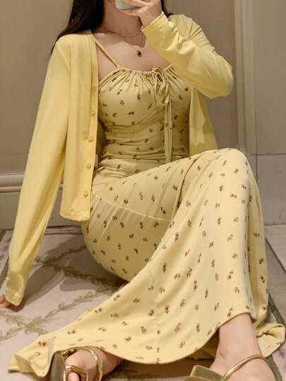 DAZY Solid Color Short Top & Ditsy Floral Fitted Long Camisole Nightgown Women Pajama Set, Fall Winter Clothes