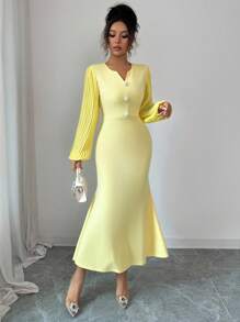 Elenzga Women's Pearl Button Decor Pleated Sleeve Cinched Waist Fishtail Hem Elegant Everyday Commute Long Sleeve Yellow Dress Fall Cloth For Women