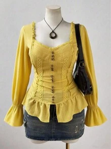 Flirla 大码女式浪漫扎染花卉蕾丝边纽扣衬衫 - 黃色 - 查看 4