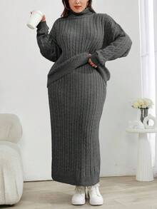 EURMUSE Cable Knit Turtleneck Sweater And Skirt Two Pieces Set - Dark Grey - View 4