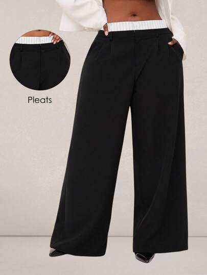 SHEIN SXY 大码女式性感简约通勤高腰黑白条纹拼接西装裤，适合日常穿着、节日庆典、约会之夜、生日派对、单身派对、婚礼、优雅休闲、购物、街头风、外出等场合，易于搭配，显瘦显瘦，凸显身材，修饰身形。