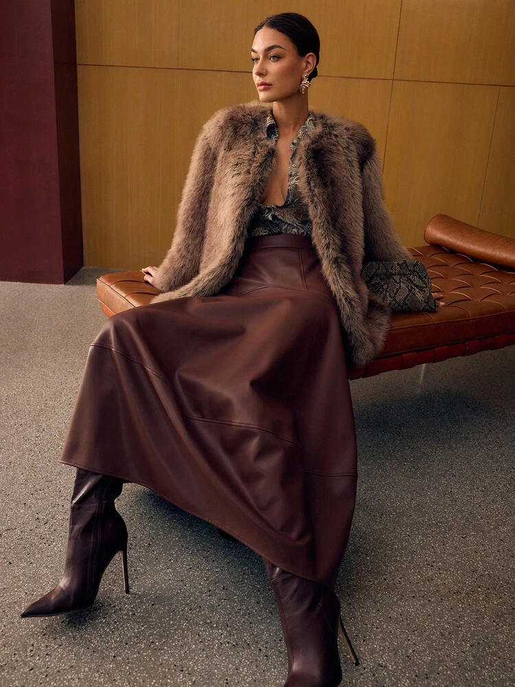 ROUND NECK LONG FAUX FUR COAT, AUTUMN/WINTER