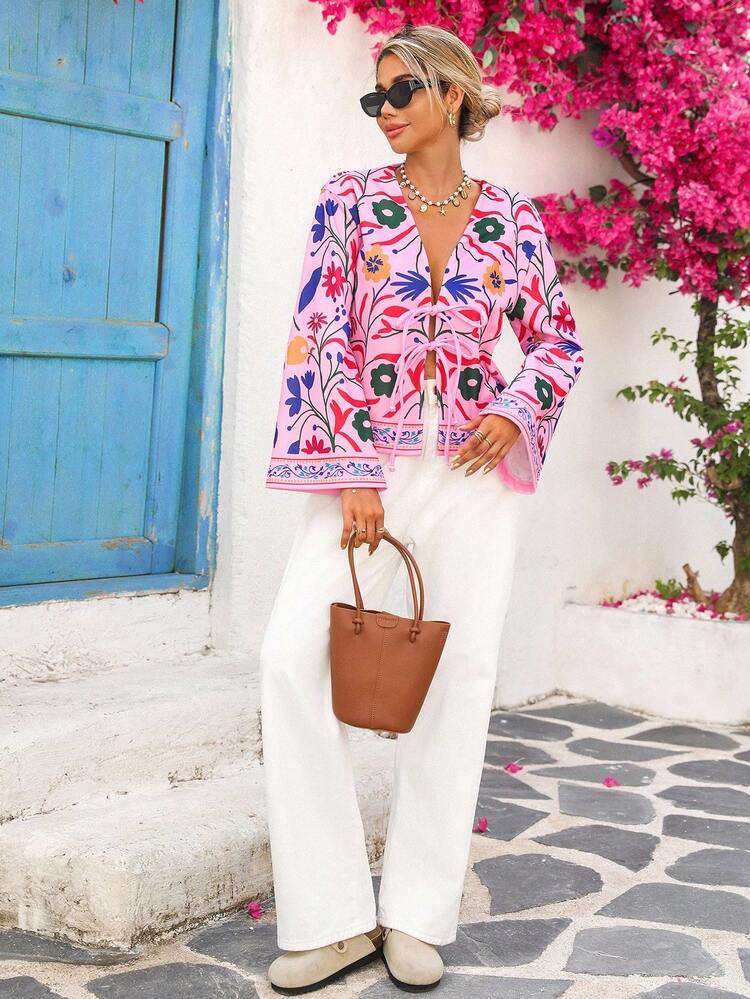 Vivid Eden Chaqueta ligera con estampado colorido de manga larga y lazo delantero para mujer, chaqueta rosa, cárdigan de verano, cárdigan floral, cárdigan bohemio, chaqueta con lazo delantero, chaqueta con estampado floral, atuendos de "Old Money" para mujer en otoño/invierno - Rosa - Añade 5