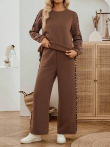 EMERY ROSE 女士休闲豹纹拼布卫衣和裤子两件套，秋冬两件套女士棕色两件套女士豹纹两件套两件套休闲套装女士女士棕色休闲套装 - 巧克力棕 - 查看 8